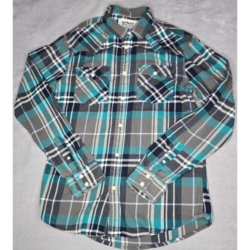 Urban Pipeline Blue Plaid Flannel Mens Small Button Up Shirt Collard Cowboy Work